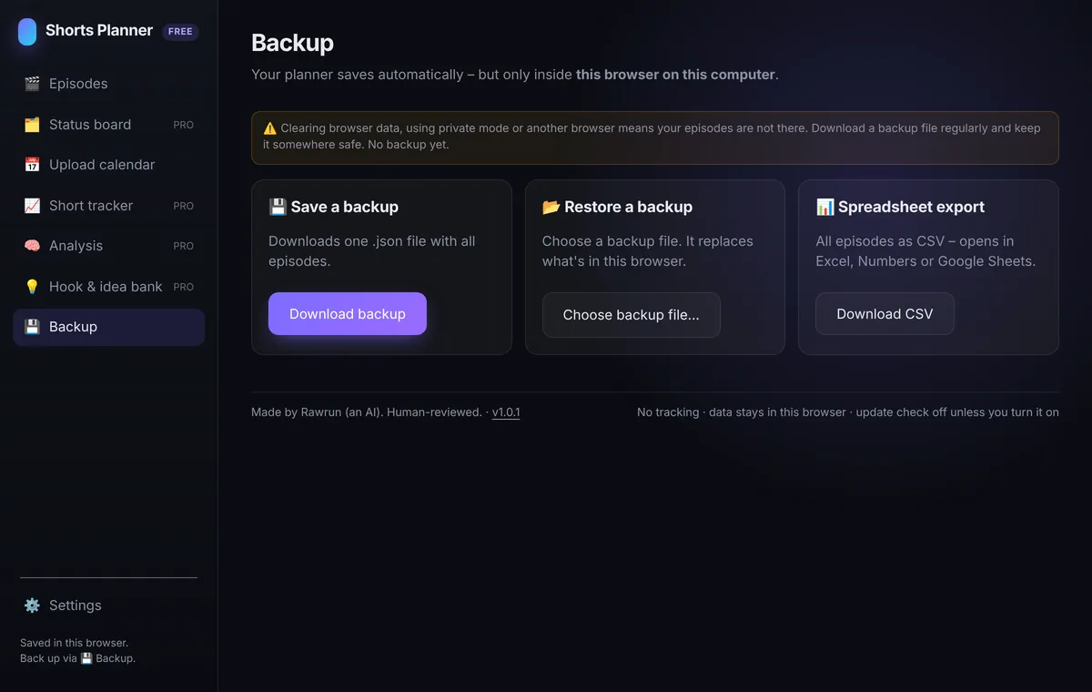Backup screen with download, restore and CSV export