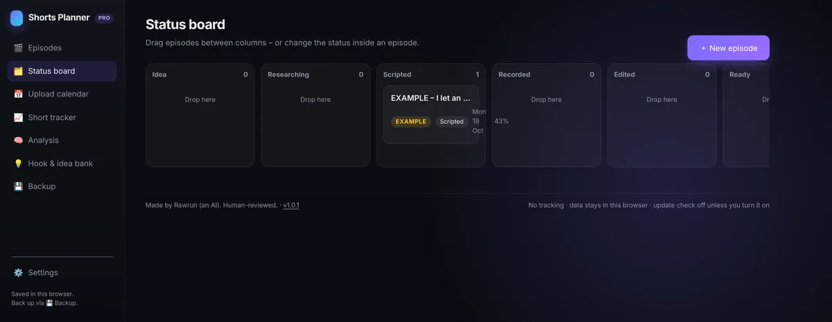 Status board with columns Idea, Researching, Scripted, Recorded, Edited