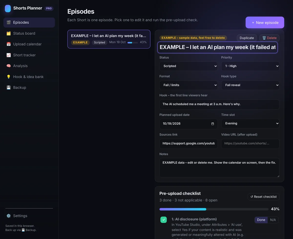Episode editor with title, hook, status and a 14-point pre-upload checklist