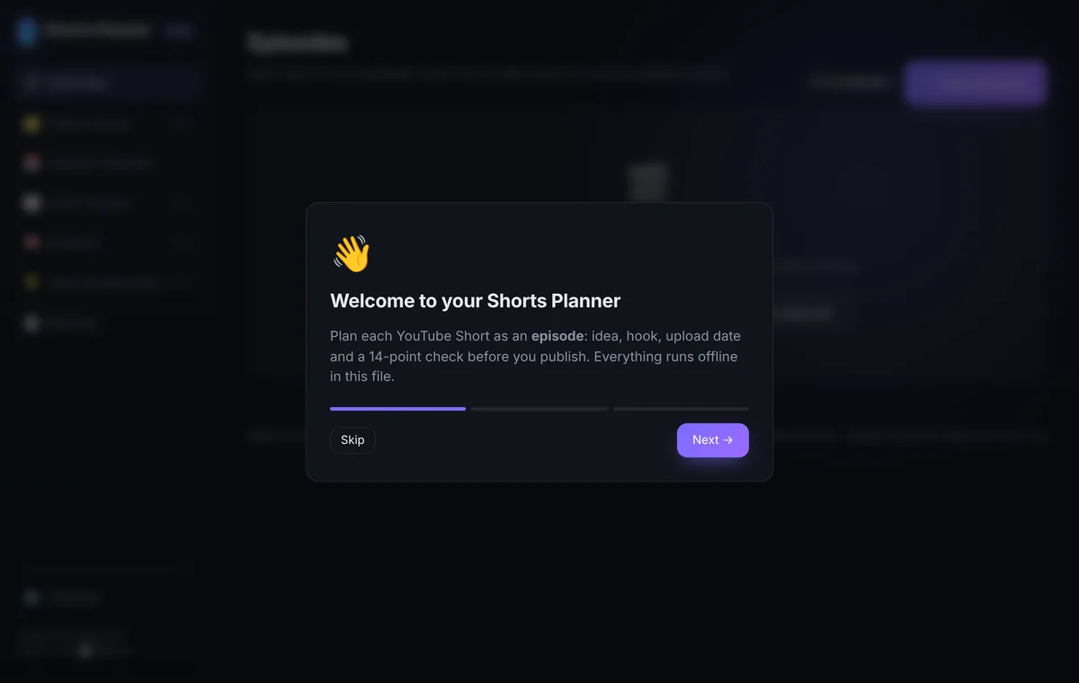 Welcome dialog of the planner